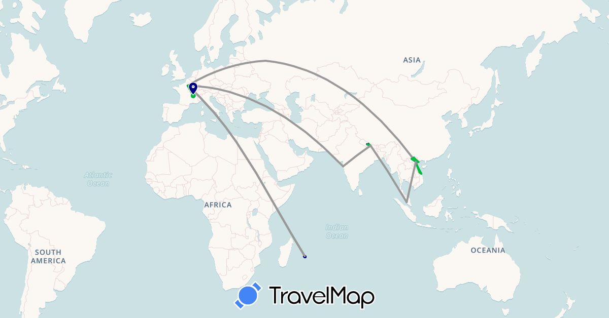 TravelMap itinerary: driving, bus, plane, train, hiking, jeep in France, India, Malaysia, Nepal, Réunion, Russia, Vietnam (Africa, Asia, Europe)